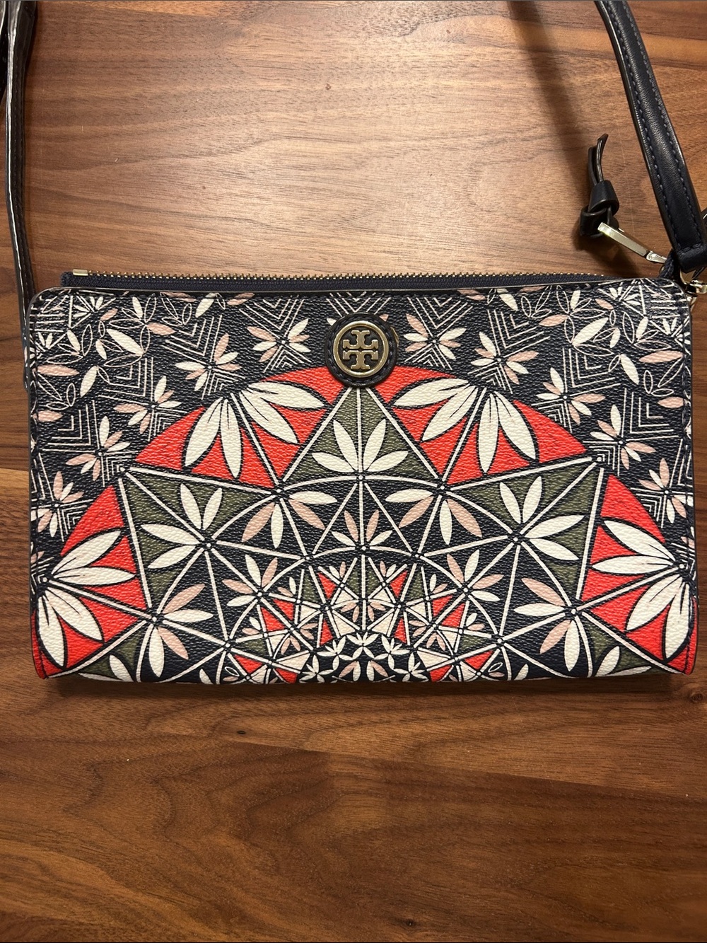 Tory Burch Navy, Red & Cream Geometric Printed Crossbody